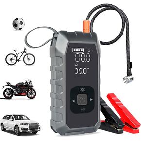 Jump Starter With Tire Inflator, Portable Air CompressorCar Air Pump, 150PSI Cordless Dual-Cylinder 2X Faster Air Inflation with Clamps, Lighting, Power Bank, Fits Motorcycles, Bikes, Balls