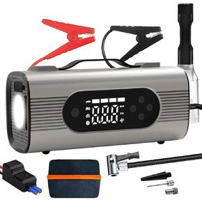 Car Jump Starter 4000a مع منظف فراغ السيارة ، ضاغط الهواء ، حزمة بطارية القفز لجميع مركبات الديزل الغاز/10 لتر ، مروّج ذكي 12 فولت ، بنك باور مع منافذ USB و 600 لتر مصباح LED