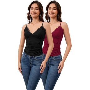 H HIAMIGOS Camisole Tops for Women V Neck Lace Undershirt, Soft Cotton Spaghetti Strap Cami for Ladies Pack of 2