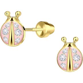 Cherished Moments Children's Sterling Silver or 14k Gold Plated Pink Ladybug Screw Back Earrings for Babies, Little Girls, Kids and Toddlers