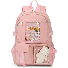 Kawaii Backpack for Girls, Cute Aesthetic Backpack for School, Kawaii Bookbag with Pins Accessories and Pendant, Beige
