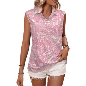 Womens Pink Paisley Sleeveless Golf Shirt Athletic Tank Tops Ladies Casual Summer 2-10-6 Golf Wear Polo Tennis Shirts for Women Large