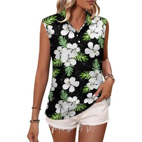 Womens Green Palm White Flower Sleeveless Golf Shirt Athletic Tank Tops Ladies Casual Summer Leaf Floral Golf Wear Polo Tennis Shirts for Women Large