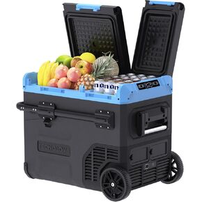 Car Refrigerator Fridge 48 Quart 45L Portable Freezer -4℉~68℉ Dual Zone Telescopic Handle All-Terrain Wheels Reversible Door 12/24V DC,110~240 Volt AC Compressor Cooler Ice Blue (Battery Not Included)