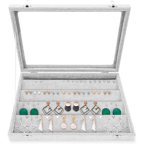 Jewelry Tray 12 Grid Velvet Jewelry Organizer with Clear Lid Transparent Earring Bracelet Organizer Holder Case with Clasp Drawer Insert for Rings Studs Gift for Women Girls (Grey)