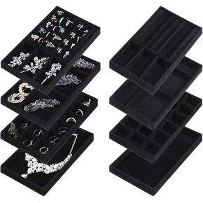 8 Pack 4 Styles Velvet Jewelry Tray, 8" x 5" Jewelry Organizer Tray Stackable Jewelry Storage Tray, Drawer Jewelry Tray for Rings, Earrings, Necklace, Bracelet, Black