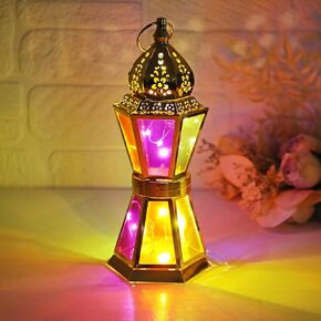 Moroccan Style LED Candle Lantern Candle lamp with Hexagon Transparent Red and Blue Glass Panels, 10.5 Inch Hanging Lantern Indoor for Ramadan Decorative Metal Lamp （Gold）