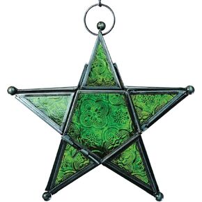 In the Breeze 9219 — Purple 5-Point Star Tealight Lantern — Moroccan-Style Boho Chic Glass and Metal Tealight Hanging Lantern