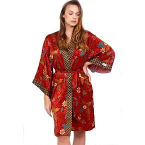 Women's Short Kimono Robe - Hand-Printed Silk blend with viscose