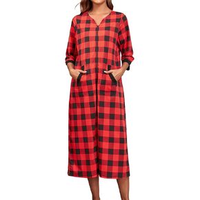 Zipper Robes For Women Cotton Housecoat 3/4 Sleeves Long Nightgowns And Bathrobe With Pockets Plus Size S-3XL