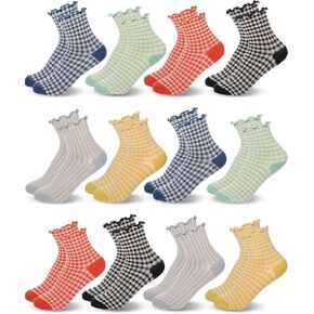 Syhood 12 Pairs Women Ruffle Socks, Gingham Ankle Socks Cute Checkered Striped Plaid Frilly for Women Cotton Knit Casual Crew Size 5-9