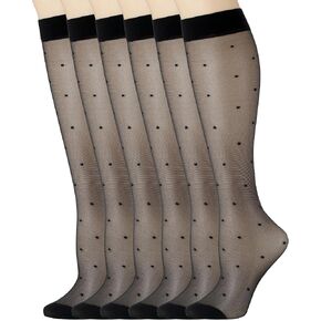 Eurzom 3 Pairs Women's Dot Knee High Socks Black Polka Dot Patterned Sheer Tube Stockings 15 Denier Nylon Sheer Thin Cool Knee High Stockings Summer Gift for Women