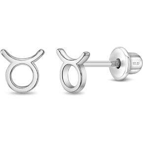 925 Sterling Silver Polished Zodiac Sign Safety Screw Back Earrings For Toddlers Little Girls and Preteens - Fun Horoscope Shaped Earrings For Young Girls - Children's Zodiac Jewelry