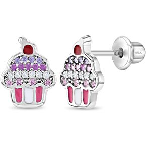 925 Sterling Silver Colorful Enamel & Cubic Zirconia Cupcake Screw Back Earrings for Girls - Kids Jewelry With CZ Stones - Perfect Toddler Hypoallergenic Earrings