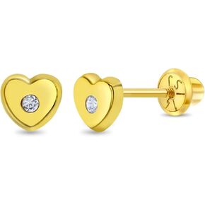 14k Yellow Gold Young Girls 5mm Clear Cubic Zirconia Heart Stud Earrings with Screw Backs - Tiny Heart Stud Earrings for Babies, Toddlers, & Young Girls - Lovely Child Heart Earrings