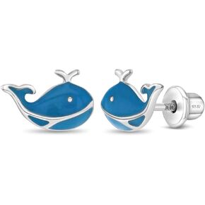 925 Sterling Silver Blue Enamel Playful Whale Safety Screw Back Earrings For Children - Young Girls Ocean Life Earrings for a Fun Vacation - Sea Life Whale Earrings For Kids