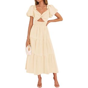 Zesica Womens Summer 2025 Boho Vacation Dress Short Puff Sleeve Flowy Smocked Cutout A Line Beach Party Dresses