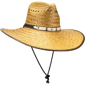 Super Wide Brim Cowboy Hat, Large Palm Leaf Straw Sun Cap, Lightweight, Flex Fit, Chin Strap Natural