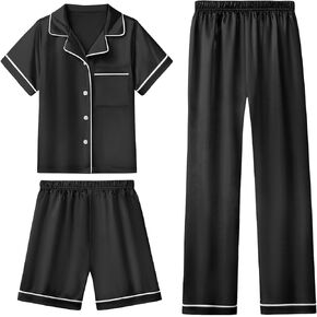 LQSZ 3-Piece Girls Pajamas Set Soft Silk Satin Short Sleeve Button-Down Sleepwear Nightwear Loungewear for Kids 3-12 Years