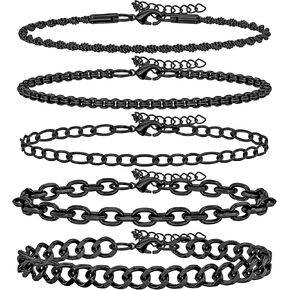 5PCS Stainless Steel Bracelets for Men, Silver Gold Black Sturdy Cuban Link Box Rope Chain Paperclip Figaro Bracelet for Women Men Jewelry Set