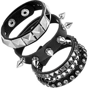 3 PCS Punk Bracelets ، Leather Suddded Cuff Cuff قابل للتعديل قابلة للضبط أساور سوار سوار Emo للرجال النساء 80s معصم القوطية المجوهرات هالوين emo الملحقات (النمط ب)
