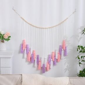 Boho Macrame Wall Hanging Decor Khaki & Beige Tassels Garland Wall Hanging with Wooden Beads for Boys Nursery Bedroom Gift Party Living Room Neutral Home Decor Aesthetic