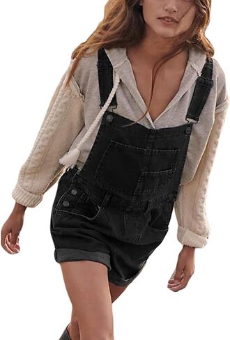Owl's-Yard Women Denim Bib Overalls shorts Adjustable Straps Rolled Cuff Shortall Rompers Denim Jumpsuit Dungaree in Kuwait