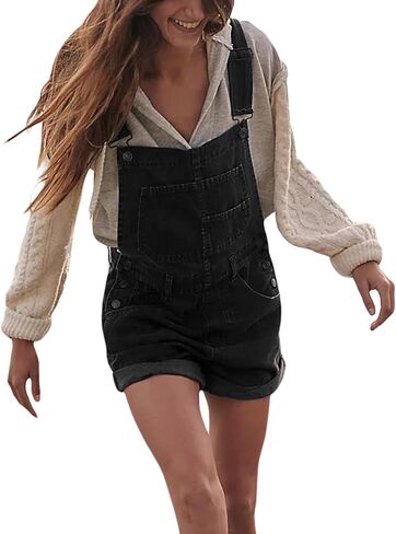 Owl's-Yard Women Denim Bib Overalls shorts Adjustable Straps Rolled Cuff Shortall Rompers Denim Jumpsuit Dungaree in Kuwait