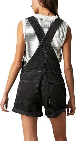 Owl's-Yard Women Denim Bib Overalls shorts Adjustable Straps Rolled Cuff Shortall Rompers Denim Jumpsuit Dungaree in Kuwait