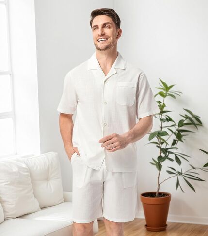 DAVID ARCHY Mens Pajamas Set 100% Cotton Summer Short Sleeve Shirt and Shorts Pjs Lightweight Hawaiian Sets for Lounging in Kuwait