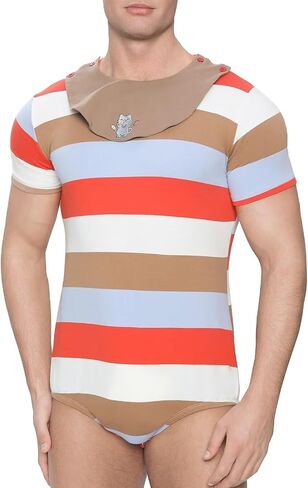 Romper Onesie Nightwear Men's Short Sleeve Cotton Striped Pajamas with Removable Drool Bib in Saudi Arabia