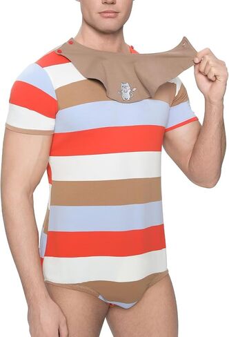 Romper Onesie Nightwear Men's Short Sleeve Cotton Striped Pajamas with Removable Drool Bib in Saudi Arabia
