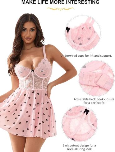 comeondear Women Sexy Boudoir Babydoll Sleeveless Mini Dress Heart Print Underwire Lingerie Set V Neck Backless Chemise in Kuwait