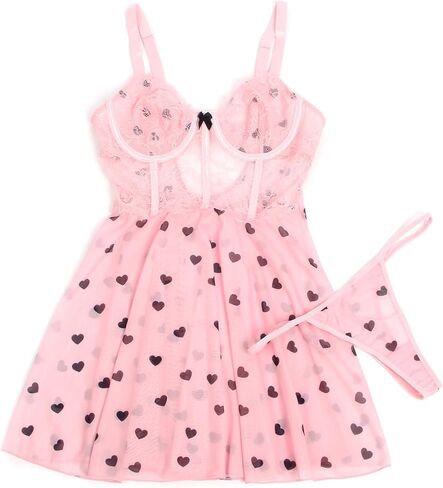 comeondear Women Sexy Boudoir Babydoll Sleeveless Mini Dress Heart Print Underwire Lingerie Set V Neck Backless Chemise in Kuwait