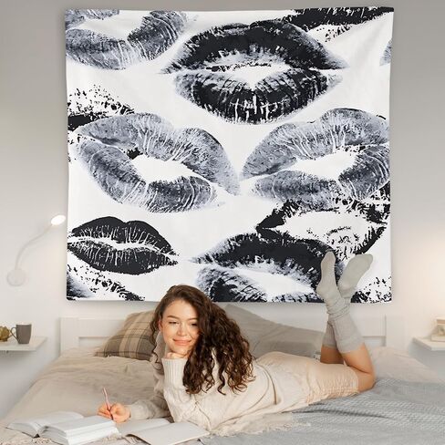 WNAGT Trendy Black and White Kiss Lips Tapestry Wall Hanging, Funky Makeup Wall Decor, Fashion Aesthetic Wall Blanket Decor for Girls Room College Dorm Makeup Room Beauty Room, 50x60 Inch in Kuwait