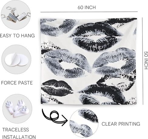 WNAGT Trendy Black and White Kiss Lips Tapestry Wall Hanging, Funky Makeup Wall Decor, Fashion Aesthetic Wall Blanket Decor for Girls Room College Dorm Makeup Room Beauty Room, 50x60 Inch in Kuwait