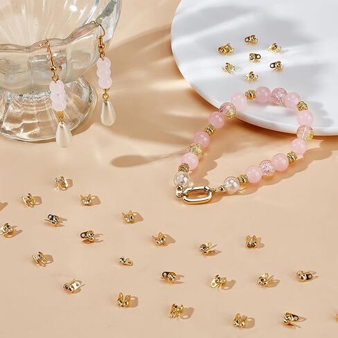 صندوق واحد من Beebeecraft مكون من 150 قطعة من أطراف الخرز 18 قيراط من النحاس المطلي بالذهب 3 مقاسات أغطية عقد صدفية وغطاء نهاية صدفي تجعيد الخرز وسلسلة موصلات مشبك لصنع المجوهرات، القطر الداخلي 1.2~3.3 مم in Kuwait
