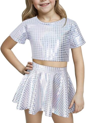 Happy Cherry Kid Girl Shiny Skirt and Top Set 2 Pcs Short Sleeve Metallic Disco Crop Top & Pleated Mini Skirt Set in Saudi Arabia