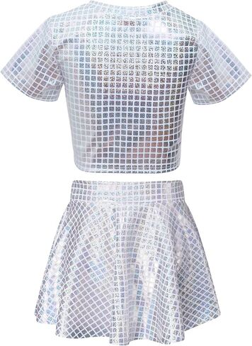 Happy Cherry Kid Girl Shiny Skirt and Top Set 2 Pcs Short Sleeve Metallic Disco Crop Top & Pleated Mini Skirt Set in Saudi Arabia
