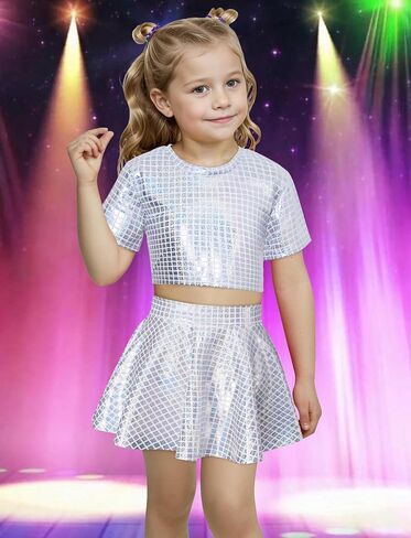 Happy Cherry Kid Girl Shiny Skirt and Top Set 2 Pcs Short Sleeve Metallic Disco Crop Top & Pleated Mini Skirt Set in Saudi Arabia