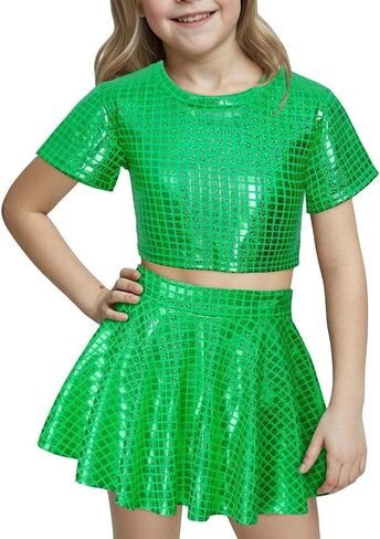 Happy Cherry Kid Girl Skirt Shiny Skirt and Top Set 2 PCS Short Sleeve Metallic Disco Crop Top & Pleated Mini Skirt Set in Saudi Arabia