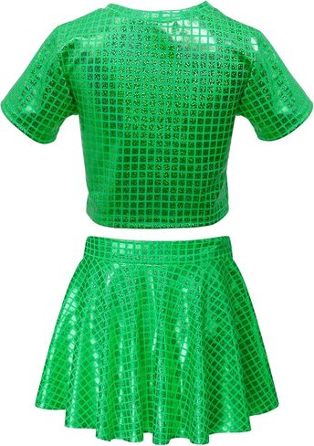 Happy Cherry Kid Girl Skirt Shiny Skirt and Top Set 2 PCS Short Sleeve Metallic Disco Crop Top & Pleated Mini Skirt Set in Saudi Arabia