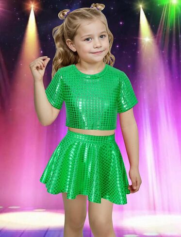 Happy Cherry Kid Girl Skirt Shiny Skirt and Top Set 2 PCS Short Sleeve Metallic Disco Crop Top & Pleated Mini Skirt Set in Saudi Arabia