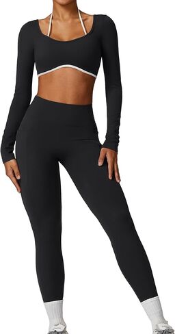 ABOCIW Workout Sets for Women Long Sleeve Crop Top Scrunch Butt Lifting High Waist Leggings with Pockets 2 Piece Outfits in Saudi Arabia