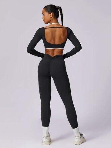 ABOCIW Workout Sets for Women Long Sleeve Crop Top Scrunch Butt Lifting High Waist Leggings with Pockets 2 Piece Outfits in Saudi Arabia