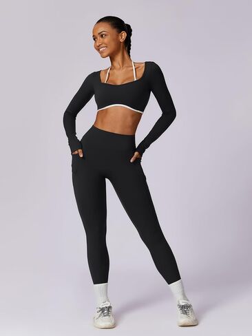 ABOCIW Workout Sets for Women Long Sleeve Crop Top Scrunch Butt Lifting High Waist Leggings with Pockets 2 Piece Outfits in Saudi Arabia