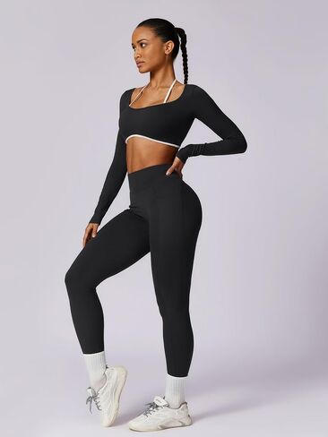 ABOCIW Workout Sets for Women Long Sleeve Crop Top Scrunch Butt Lifting High Waist Leggings with Pockets 2 Piece Outfits in Saudi Arabia