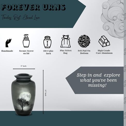 جرة جنازة حرق الجثث للبالغين من Forever URNS مع موضوع مطبوع على شكل شجرة ليلة القمر للرماد البشري للإناث والذكور | 200 متر مكعب في | كبير | متعدد الألوان | مصنوع يدويًا بالكامل مع حقيبة حماية مخملية in Saudi Arabia