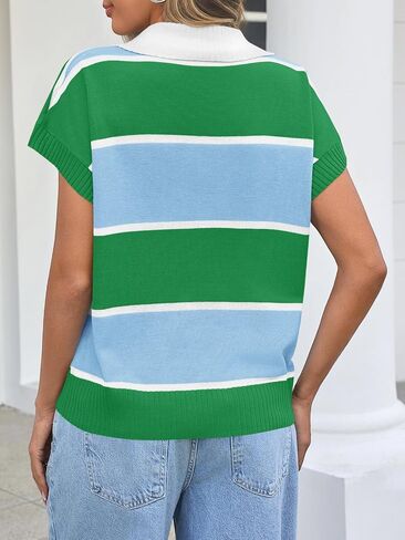 Saodimallsu Womens Striped Short Sleeve Sweater V Neck Button Down Color Block Loose Knit Pullover Tops in Saudi Arabia