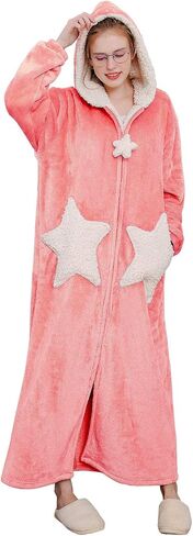 Hellomamma Womens Robe Reted Blasted Shipper Flannel Bathrobes Housecoat Ladies Plush Fleece Warm Sleepy Long Pajamas Lightgown in Kuwait